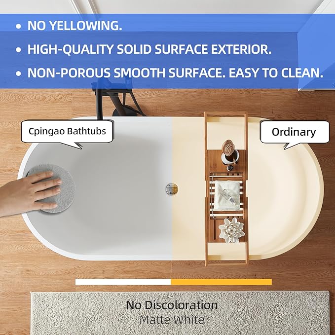 Cpingao 71" Stone Resin Freestanding Bathtub, Contemporary Oval Solid Surface Soaking Stand Alone Tub, Matte White, Drain & Overflow Included 8816-1800