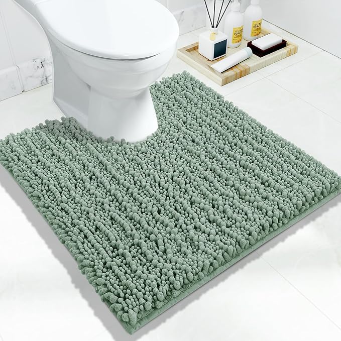 Yimobra Toilet Rug U Shaped Washable 24x24 Inch - Ultra Soft Absorbent Chenille Bath Rugs for Toilet, Quick Dry & Machine Washable, Non Slip Contour Bathroom Mat, Green