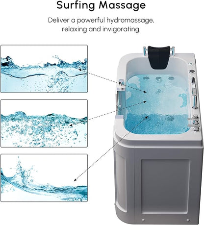 Homary Walk-In Bathtub for Seniors with Hydrotherapy Massage - Air Bubble Jets Bathtub, LED Chromatherapy Light, Thermostatic Faucet, Built-In Seat & Grab Bars, 3-Sided Apron Safety Tub for Elderly