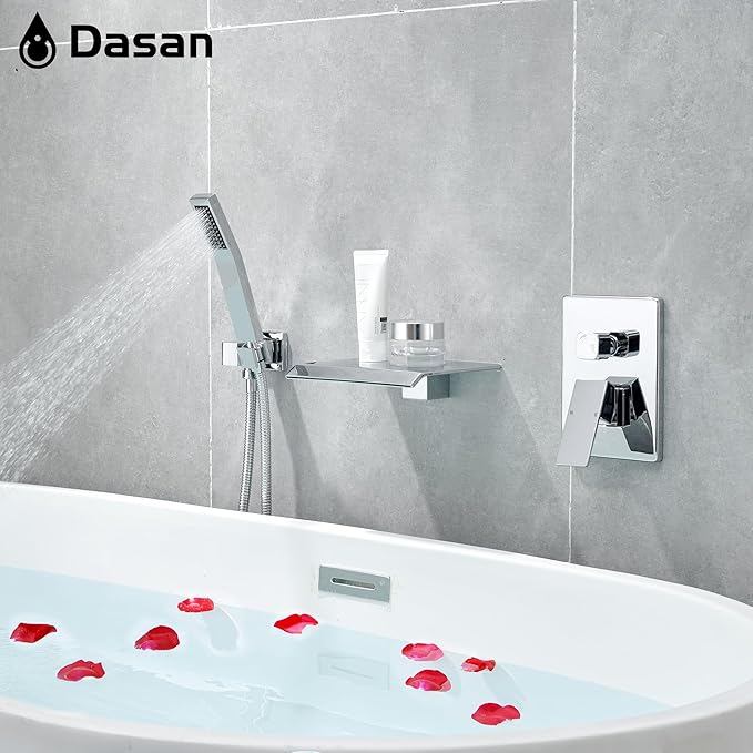 Upgraded Wall Mount Tub Filler Faucet with Handheld Shower, DASAN Modern Wall Mounted Bathtub Faucet Chrome High Flow Waterfall Tub Faucet with Rough in Valve, SA-TF04WH-PC