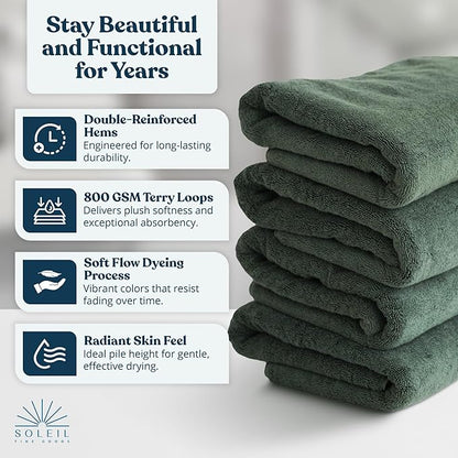 Soleil Fine Goods Luxurious 800 GSM 100% Cotton Bath Towel Set (4-Pack, 27x54) - Heavyweight & Ultra Absorbent, Plush Softness for Bathroom | Hotel & Spa Quality Luxury Towels- Forest
