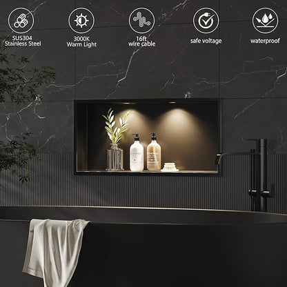 Neodrain Wall Niche with Non-dimmable LED Downlight, Matte Black Stainless Niche NO Tile Needed 24X12Inch Shower Niche, Built-in Recessed Cubby for Bathroom Storage