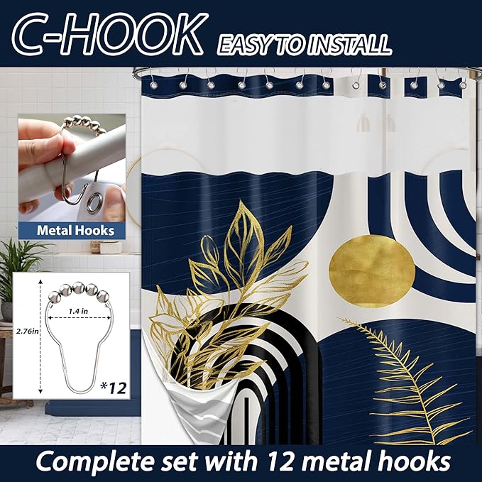 Navy Blue See Through Mesh Top Shower Curtain with Window, Boho Dark Blue and Gold Double Layer Mens Shower Curtains with Snap in Liner with Magnets, Waterproof Cloth Fabric with Hooks 71x72in