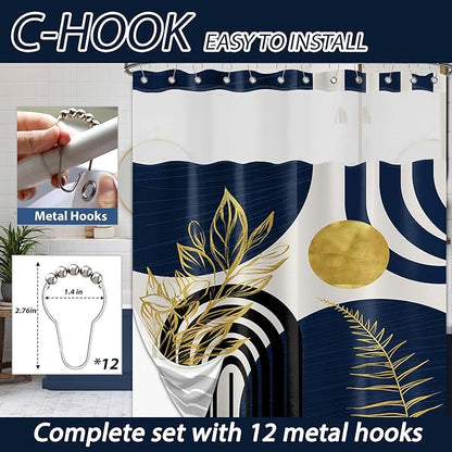 Navy Blue See Through Mesh Top Shower Curtain with Window, Boho Dark Blue and Gold Double Layer Mens Shower Curtains with Snap in Liner with Magnets, Waterproof Cloth Fabric with Hooks 71x72in