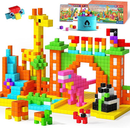 65 PCS Magnetic Blocks Set, 1" Magnet Building Blocks with Toy Eyes and Storage Bag for Kids Gifts, STEM Educational Preschool Sensory Toys for Toddlers Boys Girls Ages 3 4 5 6 7 8 + (Bright Color)