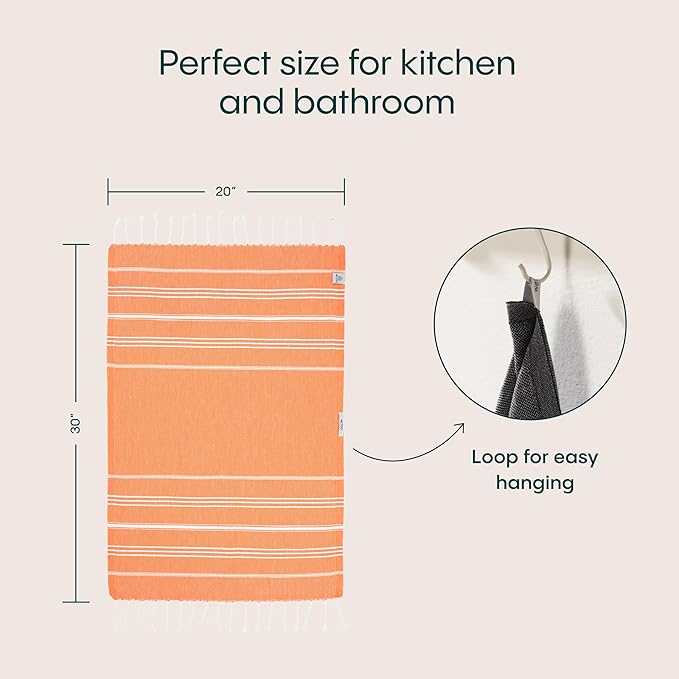 WETCAT Turkish Hand Towels with Hanging Loop, Set of 2 (20" x 30") 100% Turkish Cotton, Pre-Washed, Quick Drying, for Kitchen or Bathroom - Orange