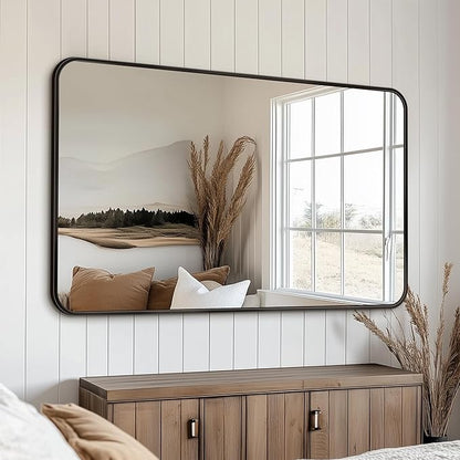 Antok Bathroom Mirror,50"x30" Wall Mirror, Decorative Mirrors Vanity Mirror Aluminum Alloy Frame Contemporary Hanging Mirror for Living Room Bathroom Entryway,Black,Round Corner