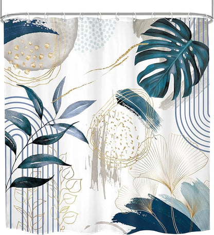 Navy Blue Boho Shower Curtain 72Wx72H Modern Mid Century Abstract Gold Tropical Leaves Palm Minimalist Plant Geometric Arch Bathroom Decor Botanical Bath Curtain Fabric Polyester 12 Pack Hooks