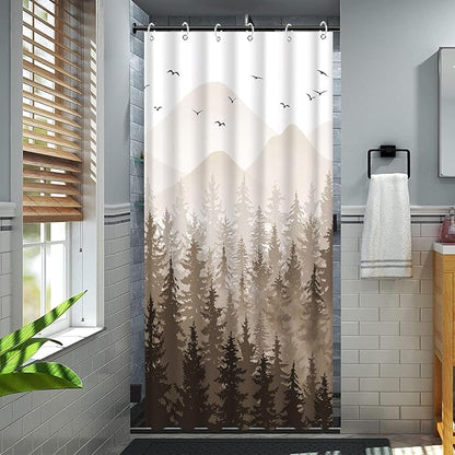 Aipon Brown Misty Forest Shower Curtain Ombre Nature Tree Plants Shower Curtains Fabric Waterproof Mountain Shower Curtain Sets for Bathroom Bath Decor (Brown, 36'' × 72'')