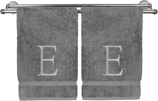 Monogrammed Hand Towel, Personalized Initial Gift, Extra Absorbent 100% Turkish Cotton - Soft Terry Finish - Set of 2 - Silver Block Initial E - Embroidered on Grey Towels
