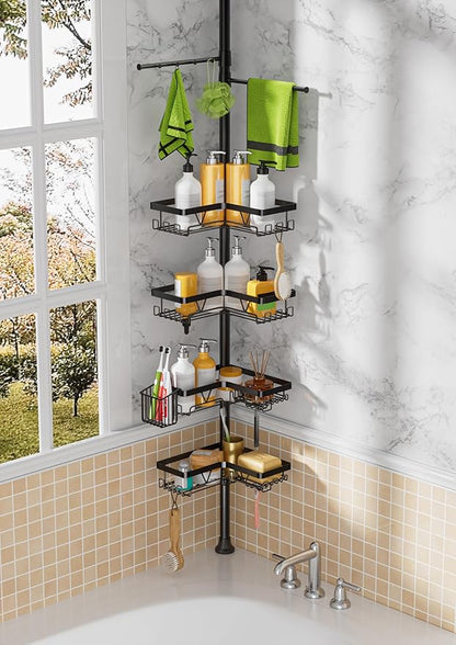 Tension Rod Shower Caddy Corner - Tension Pole Shower Caddy with 2 Towel Bars & Toothbrush Holder, Black Bathtub Organizers and Storage Corner Stainless Steel(Tall 25 to 114.2 Inches)