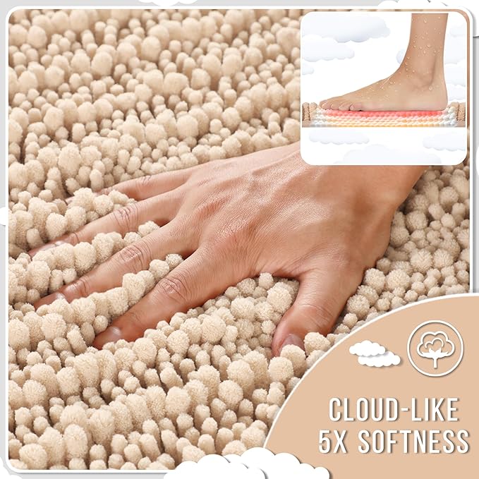 Yimobra Bathroom Rugs Sets 2 Piece - Quick Dry Extra Thick Luxury Chenille Bath Mat, Non Slip Super Absorbent for Tub Shower Sink, Machine Washable Shaggy Floor Mat, 44"x24"+24"x17" Inch, Light Brown