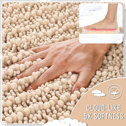 Yimobra Bathroom Rugs Sets 2 Piece - Quick Dry Extra Thick Luxury Chenille Bath Mat, Non Slip Super Absorbent for Tub Shower Sink, Machine Washable Shaggy Floor Mat, 44"x24"+24"x17" Inch, Light Brown