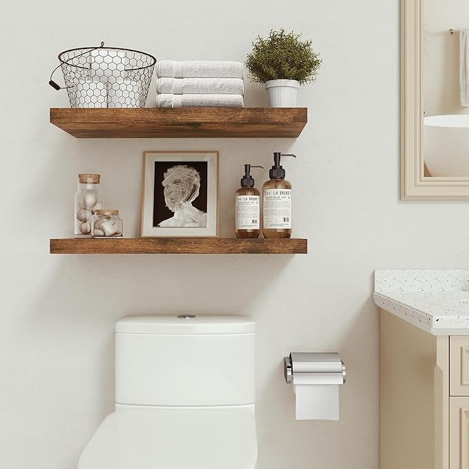 Vivelove Bathroom Floating Shelves for Wall, 24 inchs 9.1” Deep Wall Shelves for Bathroom Bedroom, Living Room, Kitchen, Office, Rustic Farmhouse Shelf Decor with Invisible Bracket, Set of 2
