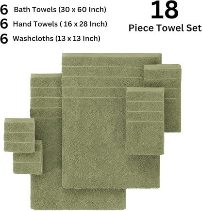 Casa Platino 100% Mercerized Cotton Bathroom Towel Set - 18 Pcs, Hotel Quality - Super Soft & Highly Absorbent - Ring Spun - 6 Large Bath Towels, 6 Washcloths, 6 Hand Towels - Family Pack - Oil Green