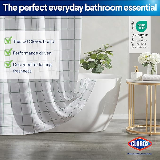 CLOROX Bathroom Waffle Windowpane Pattern Shower Curtain with Waterproof Lightweight PEVA Liner Set, Standard Size, Metal Grommets, No Hooks 72" x 72" - 2 Pc Set - Sage Green w Frosty PEVA
