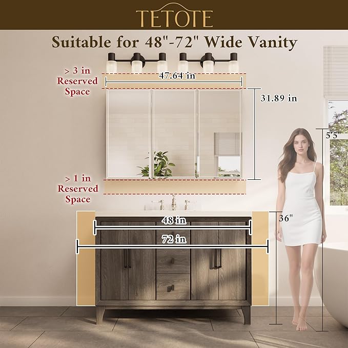 TETOTE 48 x 32 Medicine Cabinet with Tempered Beveled Mirror Silver Vanity Mirror with Storage Aluminum Cabinet DTC Hinges, Stepless Adjustable Shelves, Recessed/Surface-Mounted
