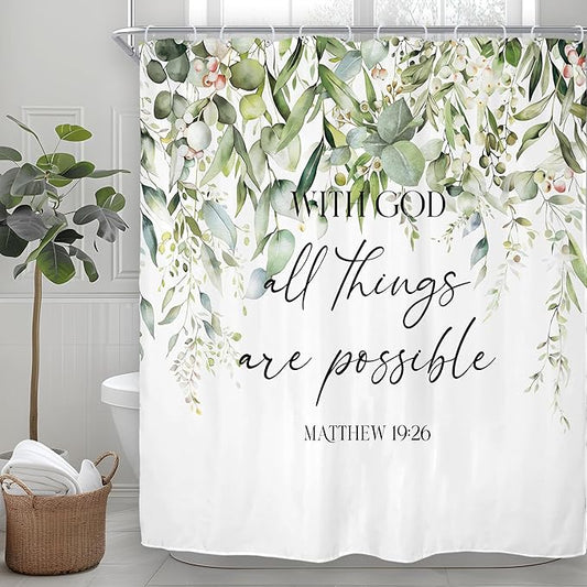 Riyidecor Sage Green Eucalyptus Leaves Shower Curtain for Bathroom Decor 72Wx72H Bible Verse Quotes Spring Floral Botanical Watercolor Art Printed Fabric Polyester Waterproof 12 Pack Metal Hooks