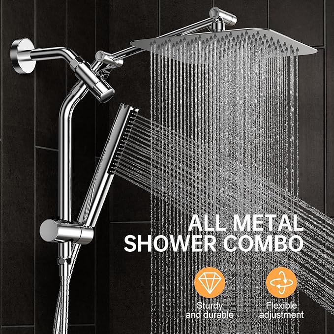 Veken 10'' All Metal Rain Shower Head with Handheld Spray Combo, Hand Held Bathroom Showerhead Combo with Extension Arm, Dual shower with Power Wash, Adjustable Rainfall Shower Head, Chrome
