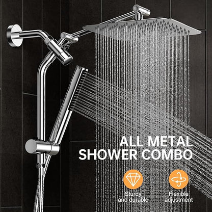 Veken 10'' All Metal Rain Shower Head with Handheld Spray Combo, Hand Held Bathroom Showerhead Combo with Extension Arm, Dual shower with Power Wash, Adjustable Rainfall Shower Head, Chrome