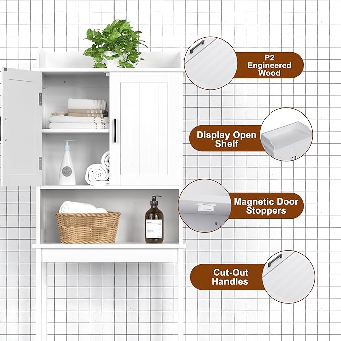 BlueWish Over The Toilet Storage Cabinet, 66.9" H Over Toilet Bathroom Organizer with Adjustable Shelves, Anti-toppling Design, Tall Over Toilet Storage for Laundry Room, Balcony