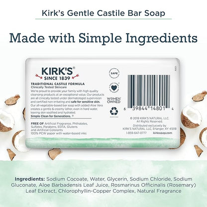 Kirk's Natural Original Coco Castile Soap with Aloe Vera, Pack of 3