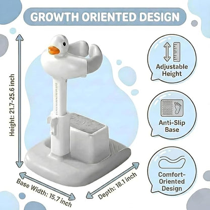 Baby Bath Stand with Built-in Seat - Duck Design - Anti-Slip Base - Baby Shower Stand for Sitting or Standing (Gray)
