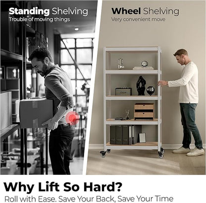 HOMEDANT House 48.1" 5-Tier Metal Rolling Cart Shelf Rack Casters Heavy Duty Laminated Wheel Shelving Unit Adjustable Utility Storage Shelves Shelf Kitchen Garage White 1Pack