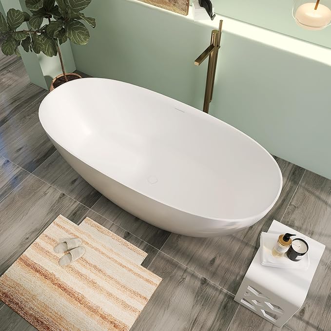 67" Premium Solid Surface Freestanding Bathtubs, Upgraded Matte White Modern Design Stand Alone Stone Resin Tub with Overflow and Pop-up Drain