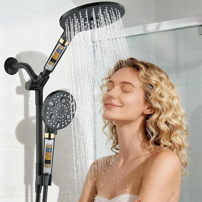 HOWUWEY Filtered Dual Shower Head with Handheld Spray Combo for Hard Water, 7.5-inch Modern High Pressure Shower Head with 9-mode Handheld and Filter, 79-inch Hose (Filtered, Matte Black)