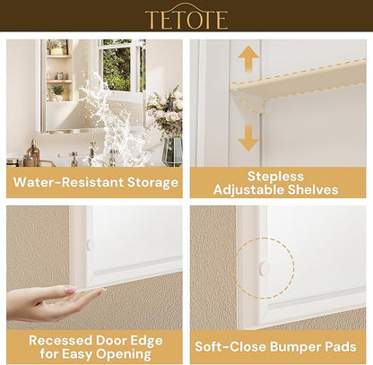 TETOTE 20 x 28 Bathroom Mirror Cabinet with Tempered Beveled Mirror White Medicine Cabinet Aluminum Cabinet DTC Hinges, Stepless Adjustable Shelves, Recessed/Surface-Mounted