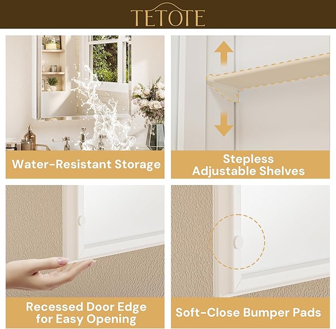 TETOTE 20 x 26 Bathroom Mirror with Storage with Tempered Beveled Mirror White Medicine Cabinet Aluminum Cabinet DTC Hinges, Stepless Adjustable Shelves, Recessed/Surface-Mounted