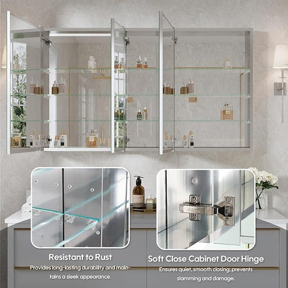 WELLFOR 52" x 30" Rectangle Medicine Cabinet Mirror, Surface Mount or Recessed Medicine Cabinet with Tempered Mirror, Anodized Chrome Aluminum Frame, Bathroom Mirror with Storage