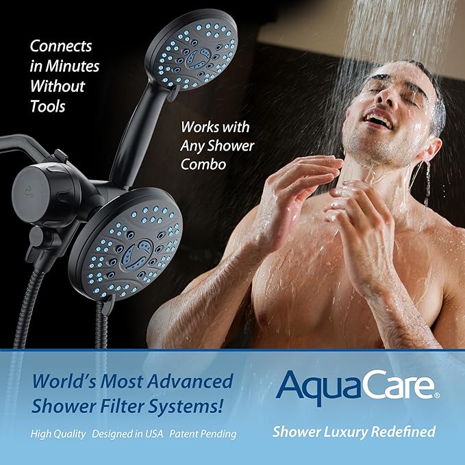 AquaCare Skin & Hair - World's Only Shower Head Combo Filter with Built-in 3-way Water Diverter, ON/OFF Filtration Modes, Instant Cartridge Reload & Stay-Clean American KDF Cartridge, Matte Black
