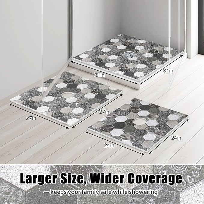 Square Shower Mat Non Slip: 27x27 Inch Extra Large Shower Floor Mat with Drain Hole in Middle - Soft PVC Loofah Bath Mat for Shower - Anti Slip Shower Stall Mat for Elderly and Kids