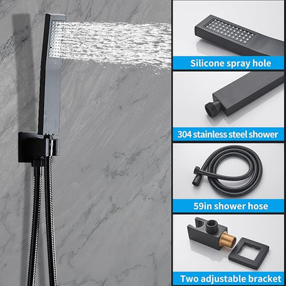 10 inch Matte Black Shower System with Tub Spout, Shower Faucet Set with Rain Shower Head and Handheld 3-Setting, Waterfall Bathtub Spout Rainfall Shower Combo Set for Bathroom Wall Mounted