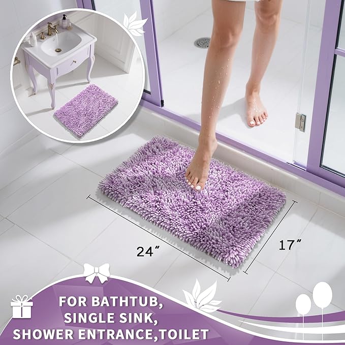 Yimobra Chenille Bathroom Rugs Non Slip, Extra Thick Soft Absorbent Bath Rug, Machine Washable Quick Dry Bath Mat for Bathroom Floor, Tub and Shower, Home Decor Accessories, 24x17, Lilac