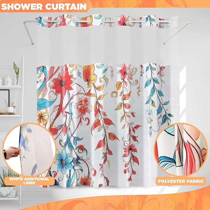 Hookless Shower Curtain with Snap-in Liner Set, Floral, Vibrant Watercolor Fabric, See Through Sheer Window, Washable, 3 Magnet Weights, No Hook, Waterproof, Boho Farmhouse, Standard Size