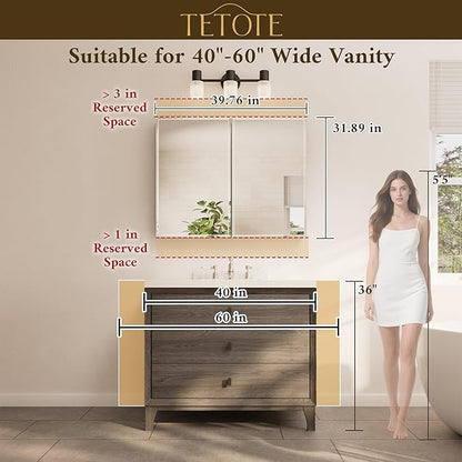TETOTE 40 x 32 Medicine Cabinet with Tempered Beveled Mirror Silver Medicine Cabinet Mirror Aluminum Cabinet DTC Hinges, Stepless Adjustable Shelves, Recessed/Surface-Mounted