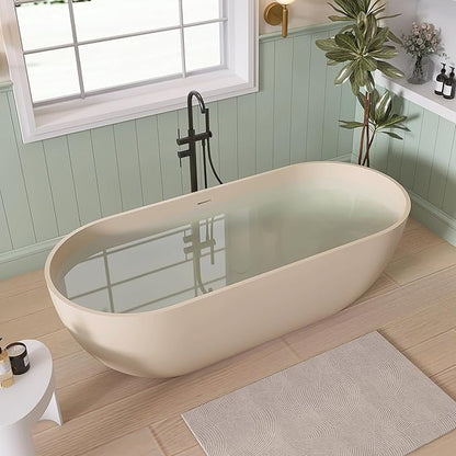 SJ STAR&JANE 69" Solid Surface Freestanding Bathtub,Milk Coffee Stone Resin Soaking Tub, Modern Stand Alone Tub for Bathroom, Integrated with Overflow & Pop-up Drain