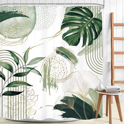 Sage Green Boho Shower Curtain Extra Long Modern Abstract Tropical Leaves Bohemian Gold Palm Leaf Mid Century 72Wx84H Bathroom Decor Geometric Plant Bath Curtain Fabric Polyester 12 Pack Hooks