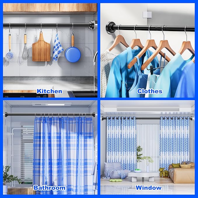 Ausemku Shower Curtain Rod - 32-104 Inch Rustproof Tension Rod, Non-Slip Spring Design, No Drilling Adjustable Curtain Rod for Bathroom, Kitchen, and Closet（Black）