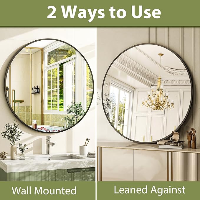 24 Inch Round Bathroom Mirror - Black Wall Mounted Circle Mirror with Metal Frame, Modern Round Hanging Mirror Suitable for Bathroom, Vanity, Entryway, Living Room