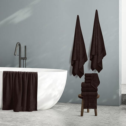 Belizzi Home 100% Cotton Towel Set, Contains 6 Bath Towel, 6 Hand Towel, 12 Wash Cloth - Compact Absorbent Lightweight & Quickdry Towels for Bathroom - 24 Piece Bathroom Towel Set - Chocolate Brown