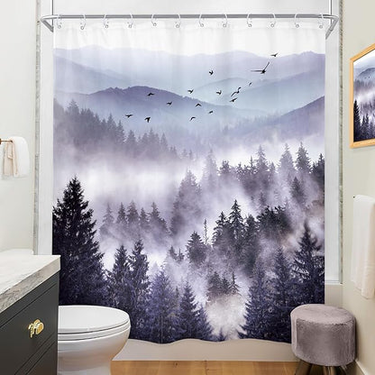 Riyidecor Purple Shower Curtain，Mountain Shower Curtains for Bathroom Nature Woodland Scenery Landscape Rustic Pine Tree View for Mens Natural Fabric Polyester Waterproof 12 Pack Hooks 60Wx72H Inch