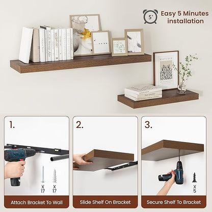 Vivelove 12 Inch Deep Floating Shelves for Wall, 24" X 12" X 2" Floating Shelf, 2 Inch Thick Shelf for Bathroom Bedroom Kitchen Book Room, Modern Farmhouse Decor Set of 2, Walnut