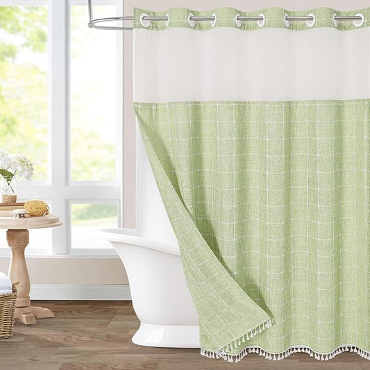 MitoVilla No Hooks Required Farmhouse Shower Curtain with Snap-in Liner - with Window & Magnets, Boho Cotton Linen Fabric Shower Curtains with Tassels for Rustic Bathroom Decor, Sage Green, 72 x 74