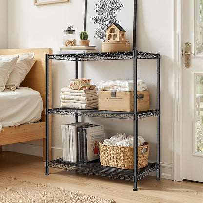 3 Tier Storage Shelves Metal Shelving Unit,Adjustable Wire Rack Pantry Kitchen Shelves,Small Shelf Wire Shelving for Laundry Office Bedroom Dorm Bathroom Closet 24" W x 30" H x 14" D Black Shelves