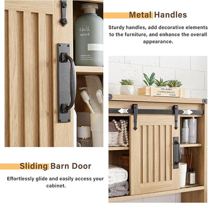 Bathroom Wall Cabinet, Farmhouse Medicine Cabinet with Sliding Barn Door & Adjustable Shelves, Wall Mounted Storage Cabinet for Toilet, Kitchen, Living Room (Natural Oak)