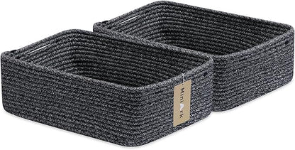 Large Shallow Organizing Baskets 15x11x5.1 Inches - Rope Woven Storage Bins for Bathroom, Shelves, Cube Closet, Mixed Black 2 Packs